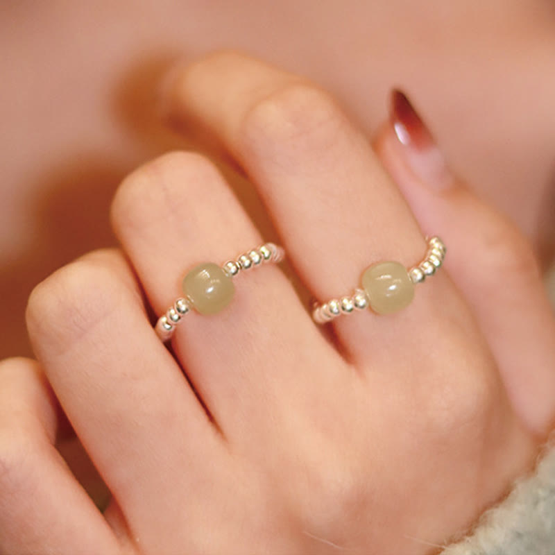 Wear FengShui 925 Sterling Silver Natural Small Hetian Jade Red Agate Pearl Bead Prosperity Elastic Ring