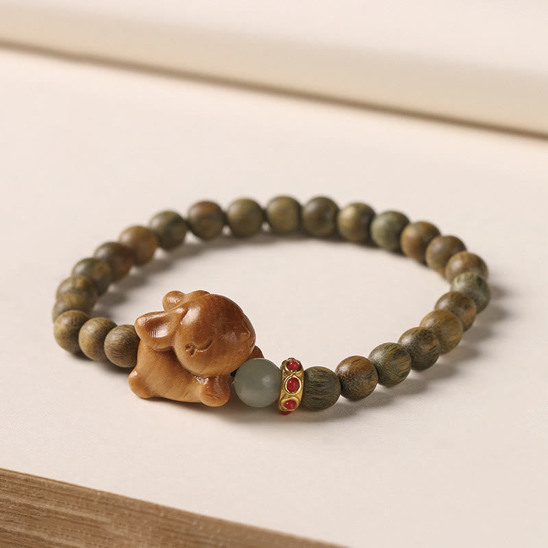 Wear FengShui Green Sandalwood Gold Sandalwood Cute Rabbit Positive Bracelet