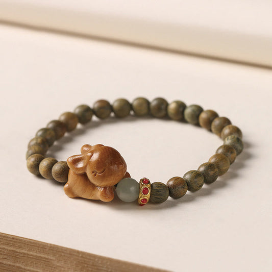 Wear FengShui Green Sandalwood Gold Sandalwood Cute Rabbit Positive Bracelet