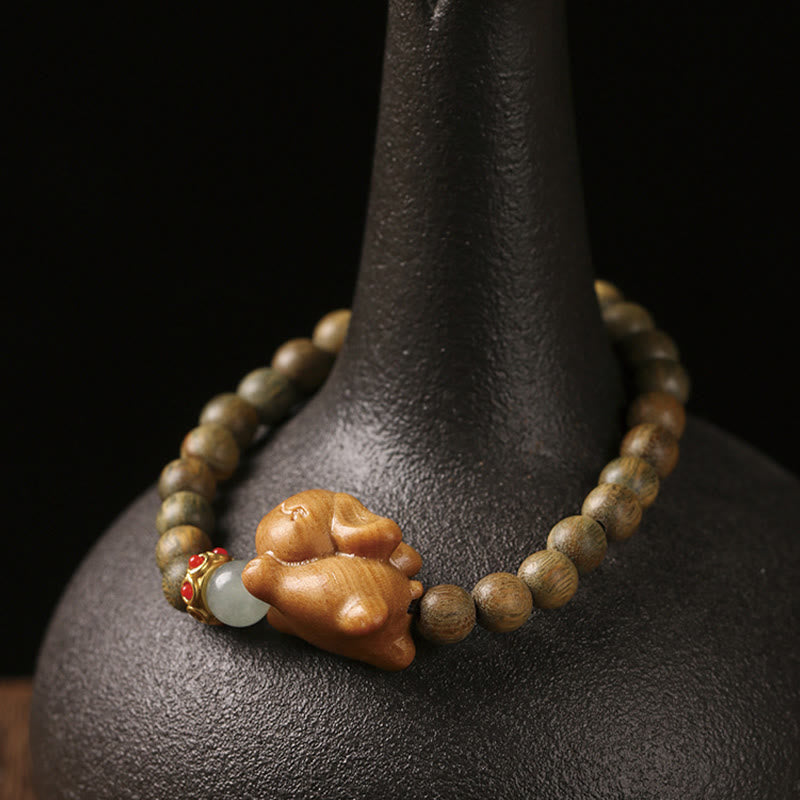 Wear FengShui Green Sandalwood Gold Sandalwood Cute Rabbit Positive Bracelet