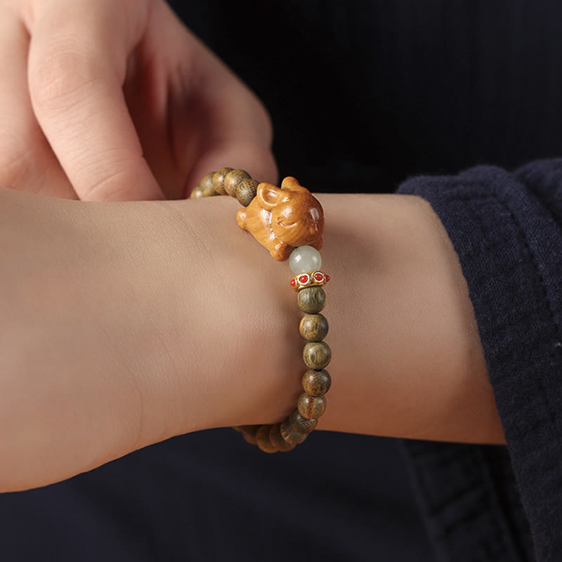 Wear FengShui Green Sandalwood Gold Sandalwood Cute Rabbit Positive Bracelet