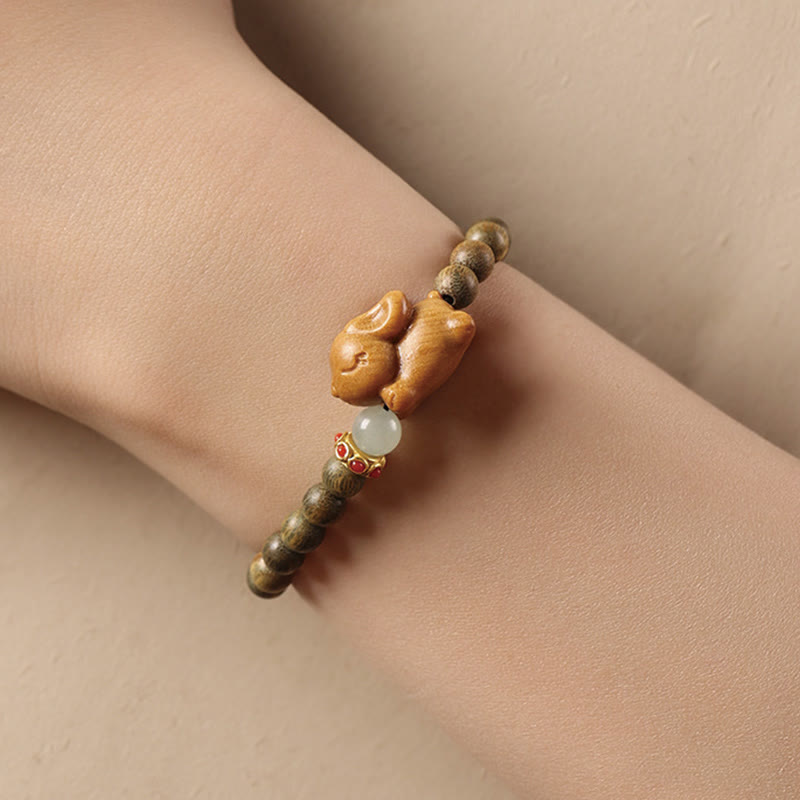 Wear FengShui Green Sandalwood Gold Sandalwood Cute Rabbit Positive Bracelet