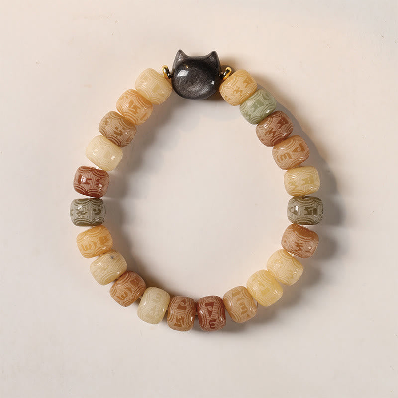 Wear FengShui Bodhi Seed Om Mani Padme Hum Carved Silver Sheen Obsidian Cat Head Wisdom Bracelet