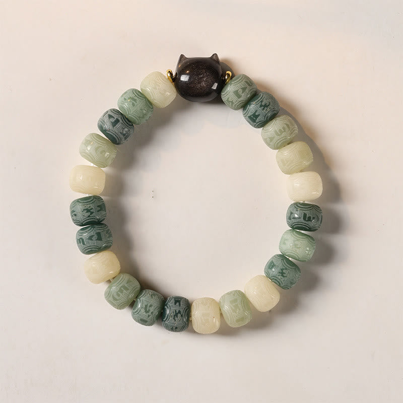 Wear FengShui Bodhi Seed Om Mani Padme Hum Carved Silver Sheen Obsidian Cat Head Wisdom Bracelet