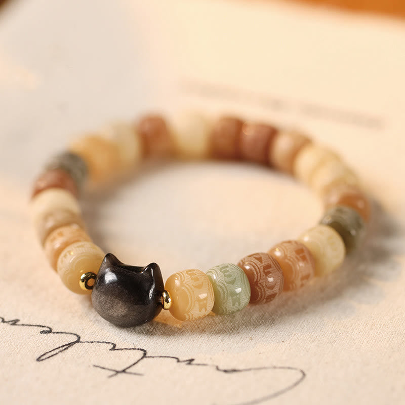 Wear FengShui Bodhi Seed Om Mani Padme Hum Carved Silver Sheen Obsidian Cat Head Wisdom Bracelet