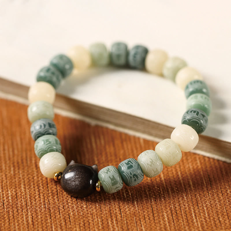 Wear FengShui Bodhi Seed Om Mani Padme Hum Carved Silver Sheen Obsidian Cat Head Wisdom Bracelet