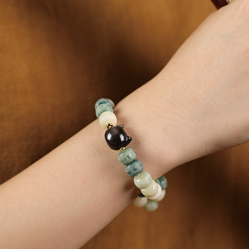 Wear FengShui Bodhi Seed Om Mani Padme Hum Carved Silver Sheen Obsidian Cat Head Wisdom Bracelet