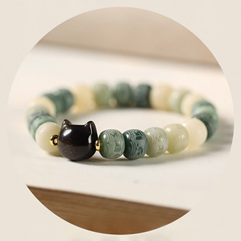 Wear FengShui Bodhi Seed Om Mani Padme Hum Carved Silver Sheen Obsidian Cat Head Wisdom Bracelet