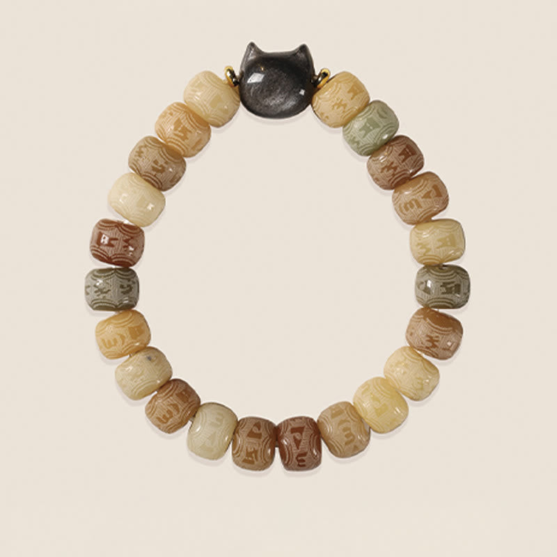 Wear FengShui Bodhi Seed Om Mani Padme Hum Carved Silver Sheen Obsidian Cat Head Wisdom Bracelet