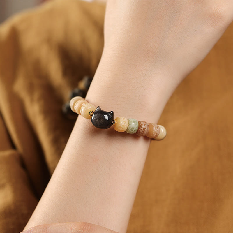 Wear FengShui Bodhi Seed Om Mani Padme Hum Carved Silver Sheen Obsidian Cat Head Wisdom Bracelet