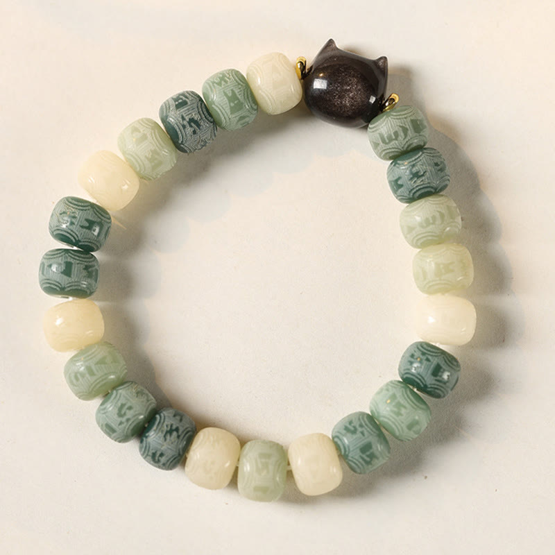 Wear FengShui Bodhi Seed Om Mani Padme Hum Carved Silver Sheen Obsidian Cat Head Wisdom Bracelet