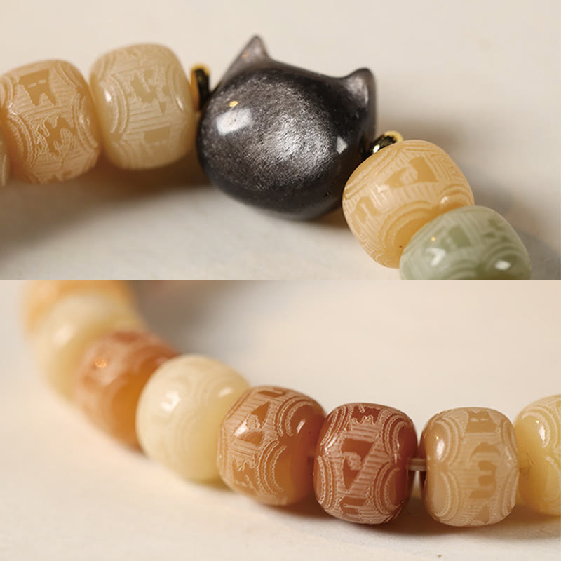 Wear FengShui Bodhi Seed Om Mani Padme Hum Carved Silver Sheen Obsidian Cat Head Wisdom Bracelet