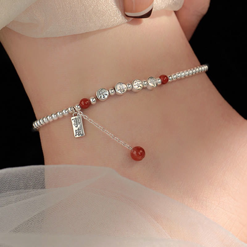 Wear FengShui 925 Sterling Silver Small Beads Red Agate Peace And Joy Blessing Anklet