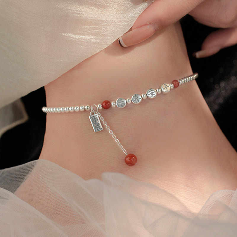 Wear FengShui 925 Sterling Silver Small Beads Red Agate Peace And Joy Blessing Anklet