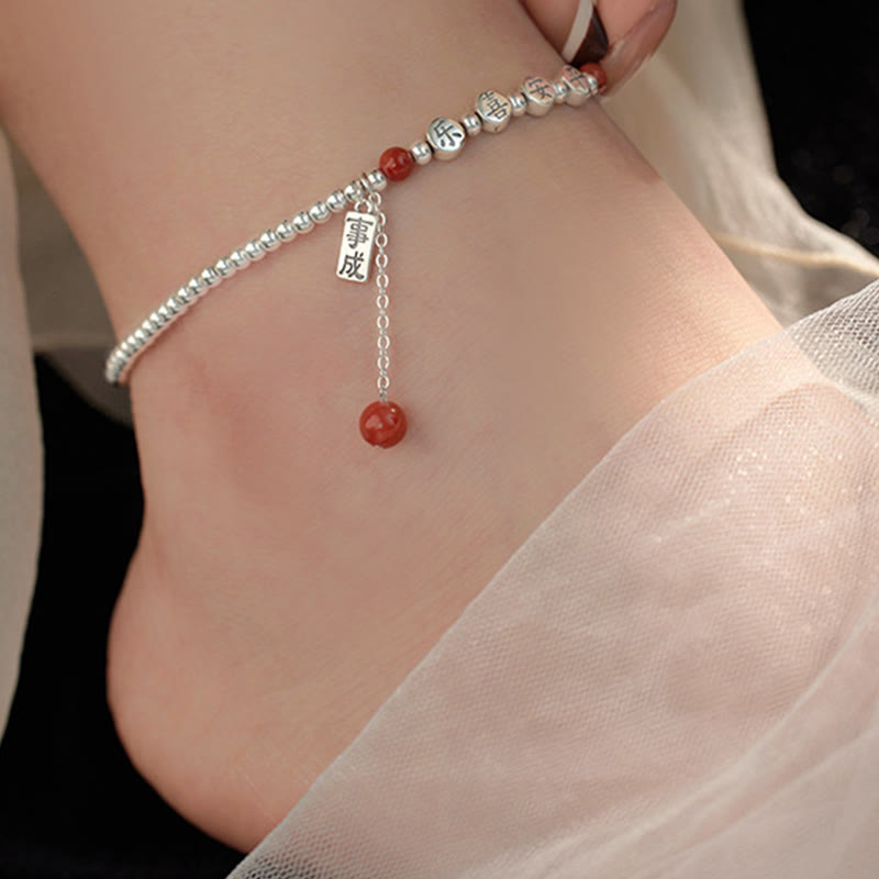 Wear FengShui 925 Sterling Silver Small Beads Red Agate Peace And Joy Blessing Anklet
