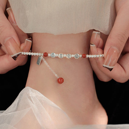 Wear FengShui 925 Sterling Silver Small Beads Red Agate Peace And Joy Blessing Anklet