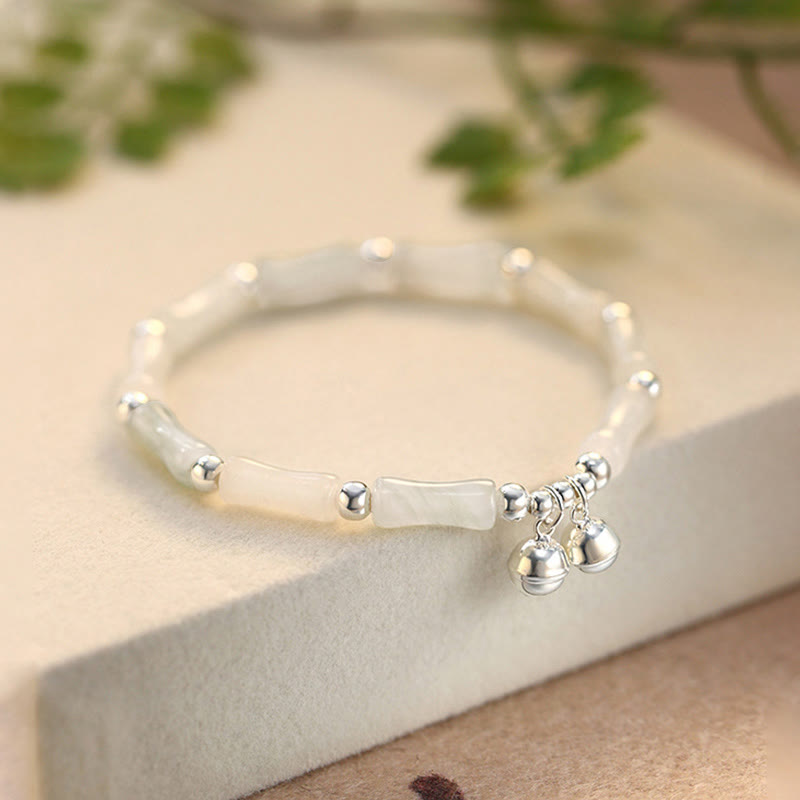 Wear FengShui 925 Sterling Silver Natural White Jade Bamboo Bell Charm Luck Happiness Bracelet