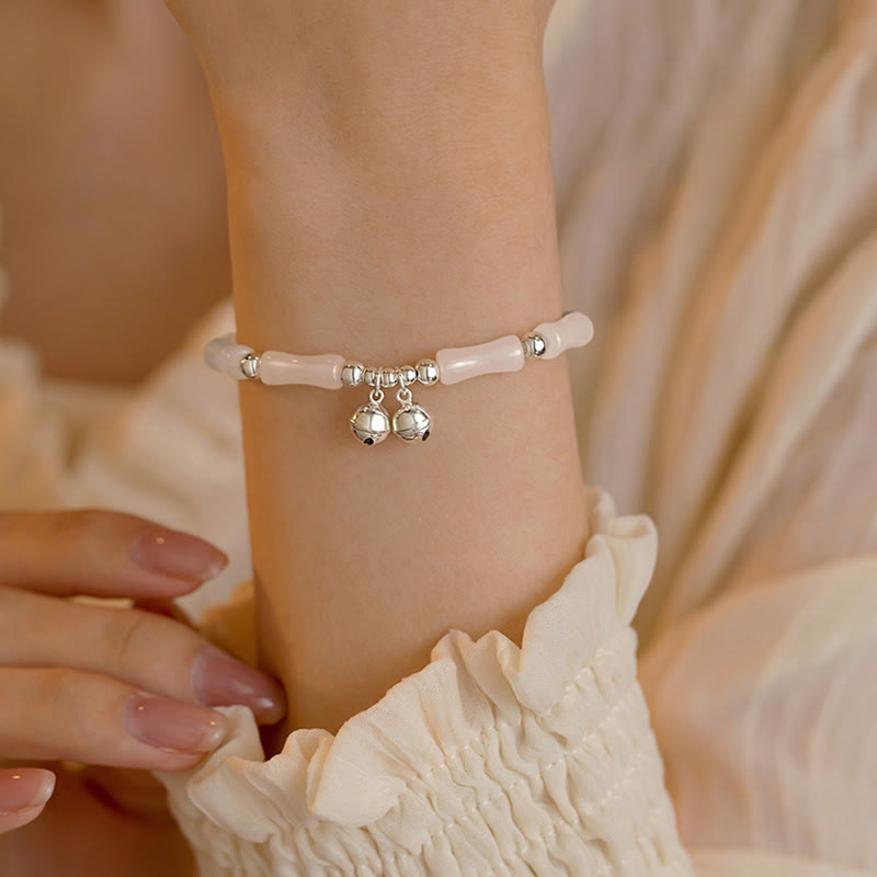 Wear FengShui 925 Sterling Silver Natural White Jade Bamboo Bell Charm Luck Happiness Bracelet