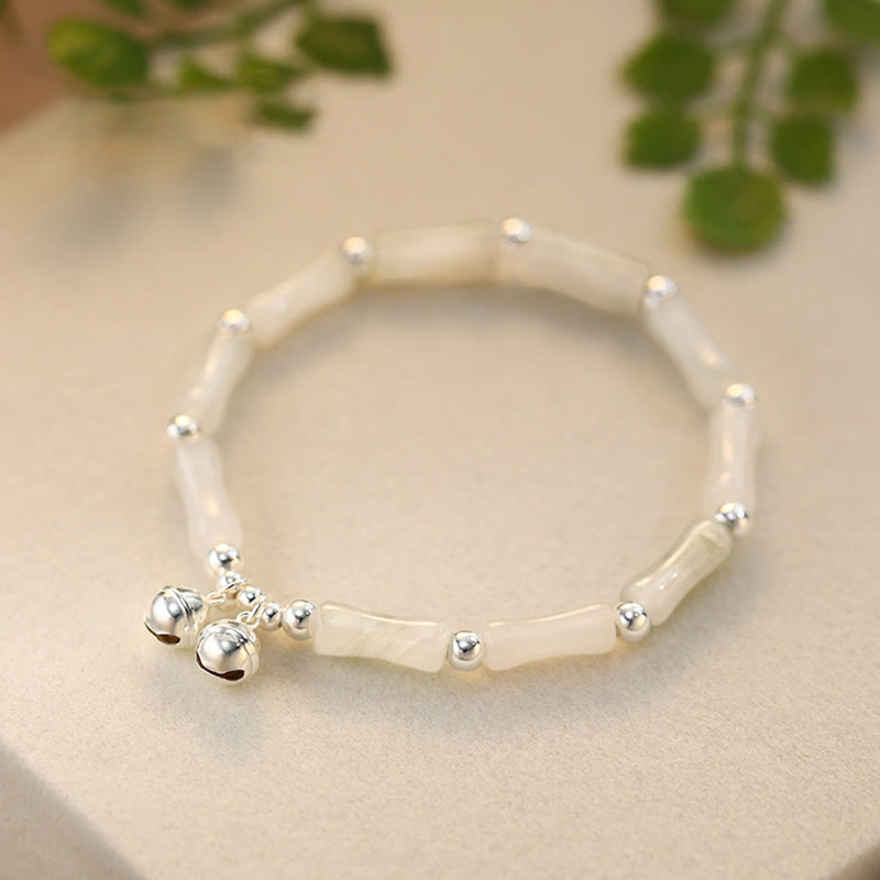 Wear FengShui 925 Sterling Silver Natural White Jade Bamboo Bell Charm Luck Happiness Bracelet