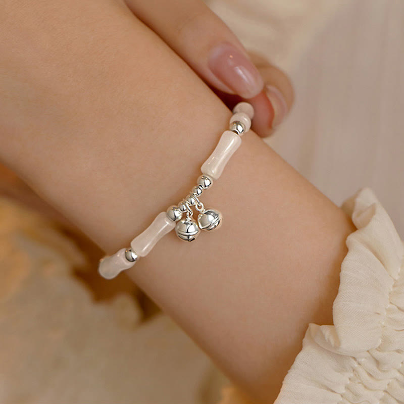 Wear FengShui 925 Sterling Silver Natural White Jade Bamboo Bell Charm Luck Happiness Bracelet