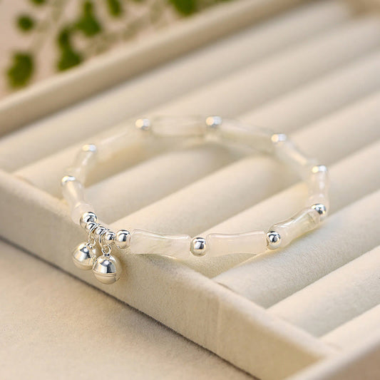 Wear FengShui 925 Sterling Silver Natural White Jade Bamboo Bell Charm Luck Happiness Bracelet