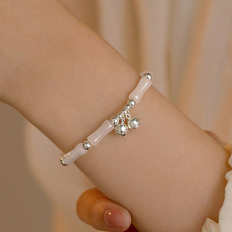 Wear FengShui 925 Sterling Silver Natural White Jade Bamboo Bell Charm Luck Happiness Bracelet