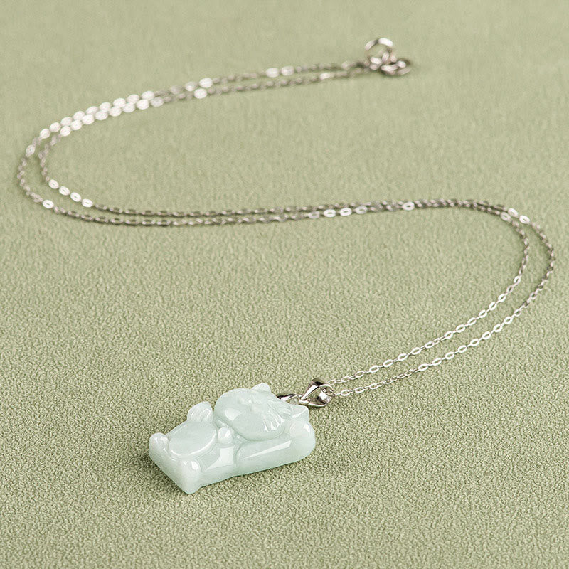 Wear FengShui Jade Fortune Cat Prosperity Titanium Steel Necklace Pendant