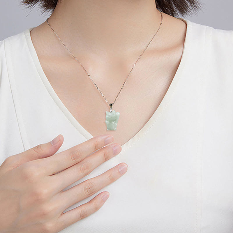 Wear FengShui Jade Fortune Cat Prosperity Titanium Steel Necklace Pendant