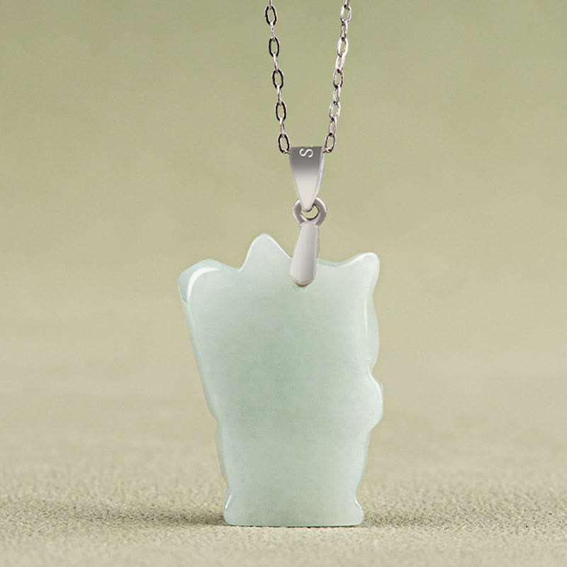 Wear FengShui Jade Fortune Cat Prosperity Titanium Steel Necklace Pendant