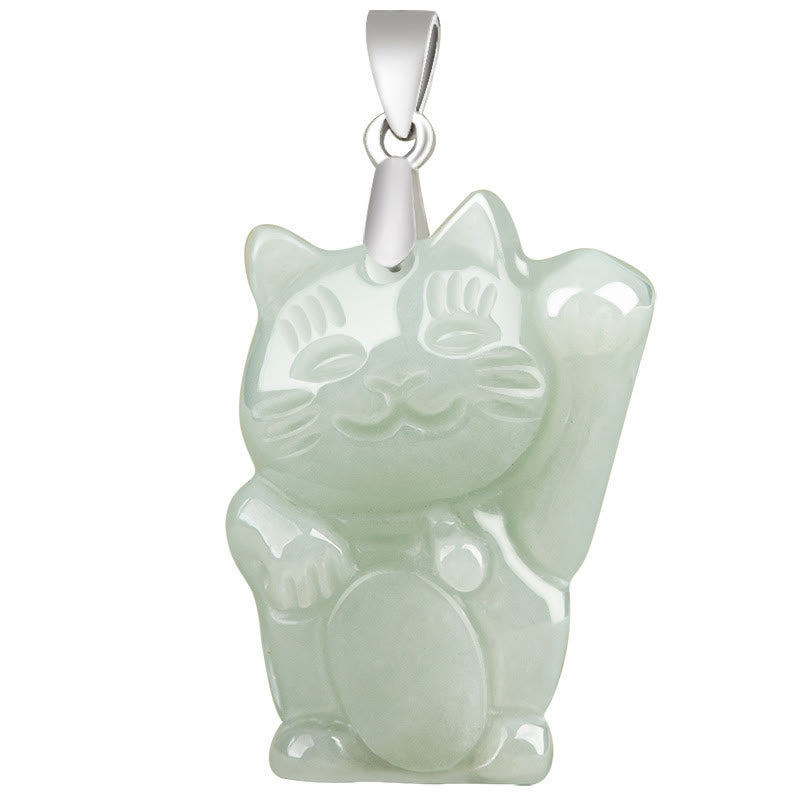 Wear FengShui Jade Fortune Cat Prosperity Titanium Steel Necklace Pendant