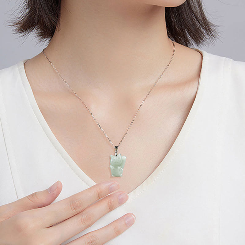 Wear FengShui Jade Fortune Cat Prosperity Titanium Steel Necklace Pendant