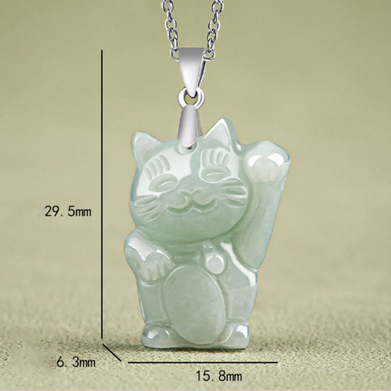 Wear FengShui Jade Fortune Cat Prosperity Titanium Steel Necklace Pendant