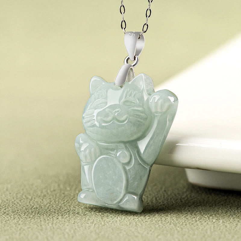 Wear FengShui Jade Fortune Cat Prosperity Titanium Steel Necklace Pendant