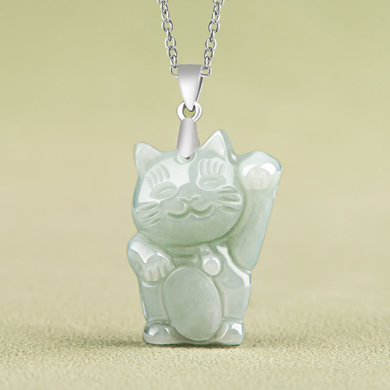Wear FengShui Jade Fortune Cat Prosperity Titanium Steel Necklace Pendant
