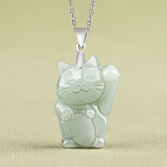 Wear FengShui Jade Fortune Cat Prosperity Titanium Steel Necklace Pendant