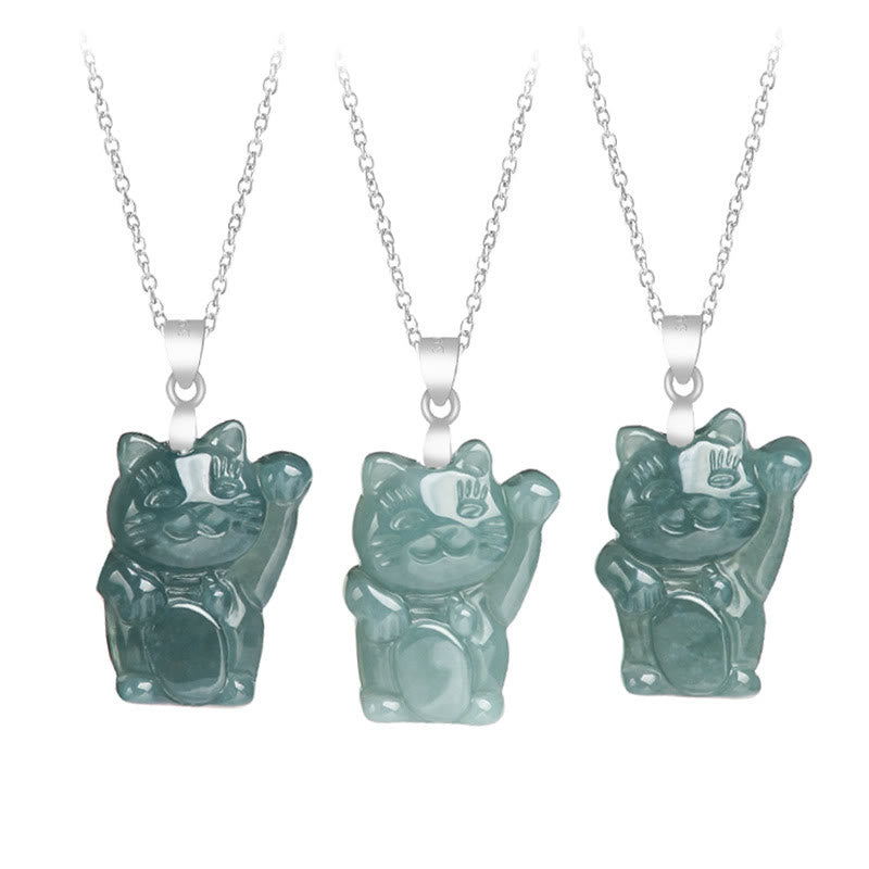 Wear FengShui Natural Jade Lucky Cat Abundance Titanium Steel Necklace Pendant