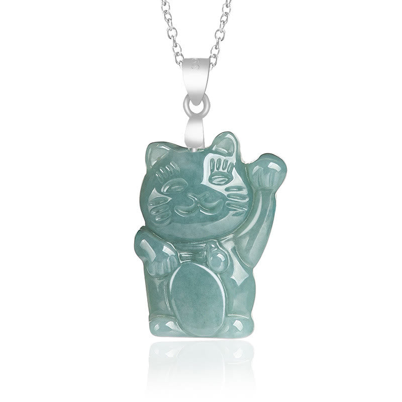 Wear FengShui Natural Jade Lucky Cat Abundance Titanium Steel Necklace Pendant