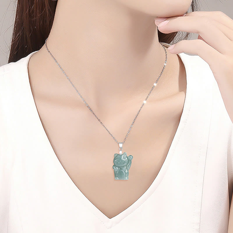 Wear FengShui Natural Jade Lucky Cat Abundance Titanium Steel Necklace Pendant