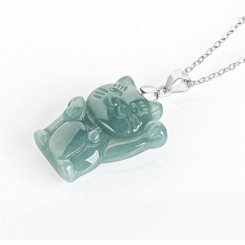 Wear FengShui Natural Jade Lucky Cat Abundance Titanium Steel Necklace Pendant