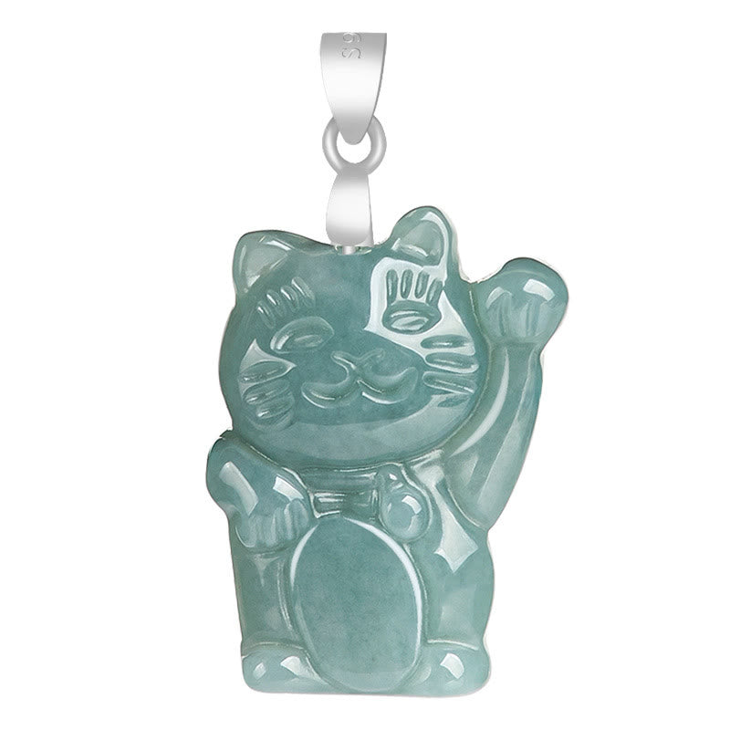 Wear FengShui Natural Jade Lucky Cat Abundance Titanium Steel Necklace Pendant