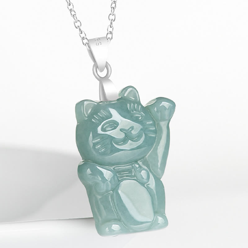 Wear FengShui Natural Jade Lucky Cat Abundance Titanium Steel Necklace Pendant