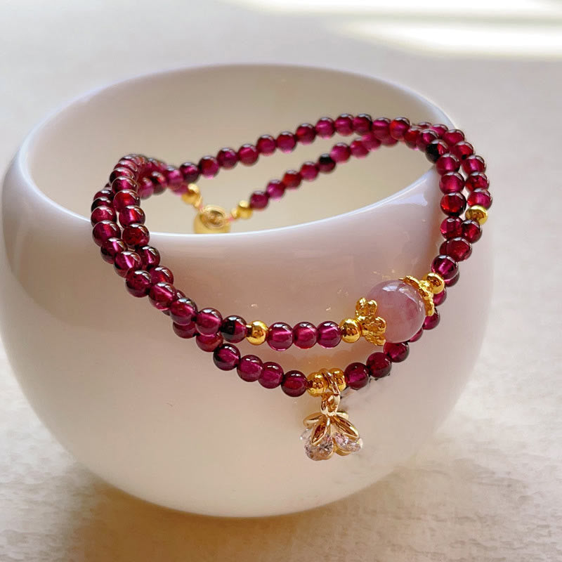 Wear FengShui Natural Flower Garnet Pink Crystal Calm Double Wrap Bracelet