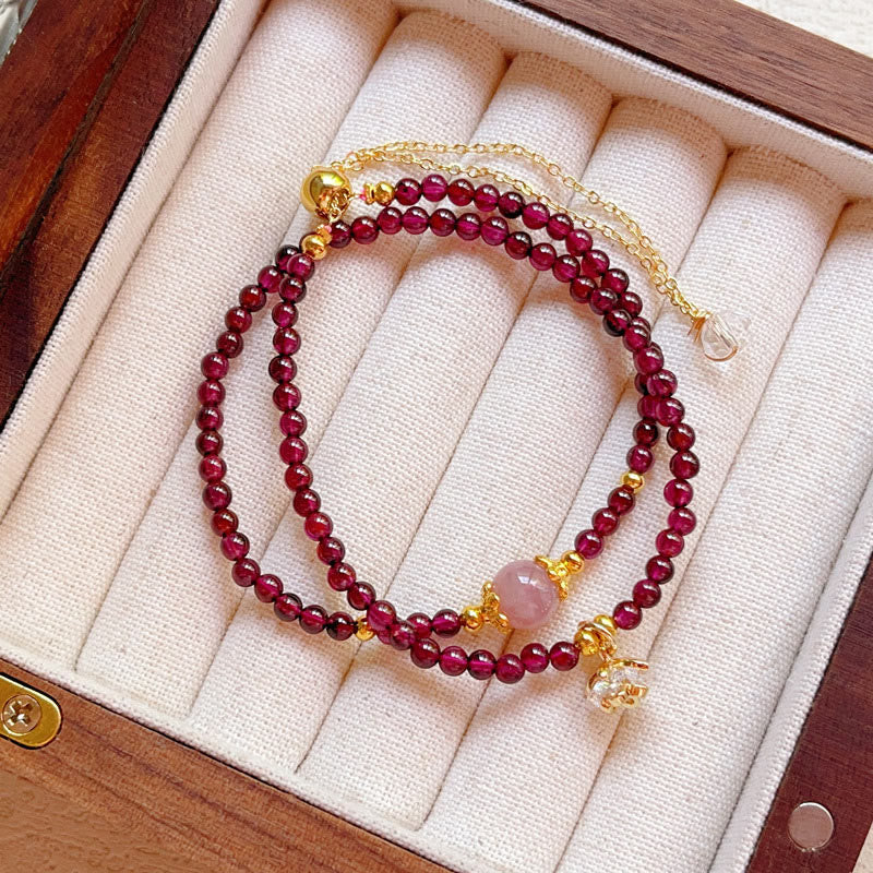 Wear FengShui Natural Flower Garnet Pink Crystal Calm Double Wrap Bracelet