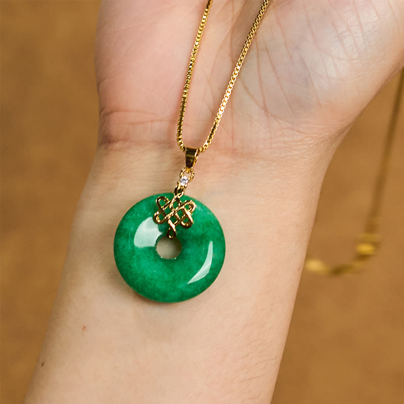 Wear FengShui Natural Cyan Jade Peace Buckle Chinese knot Success Necklace Pendant