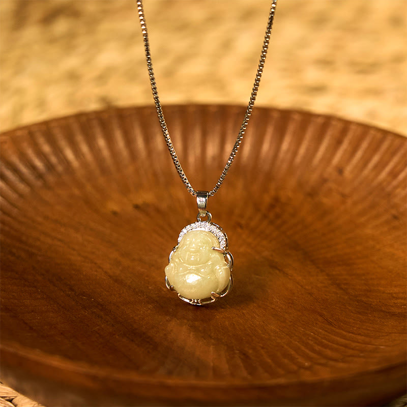 Wear FengShui Natural Hetian Jade Laughing Buddha Abundance Necklace Pendant
