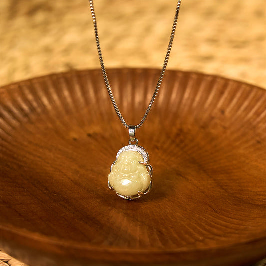Wear FengShui Natural Hetian Jade Laughing Buddha Abundance Necklace Pendant