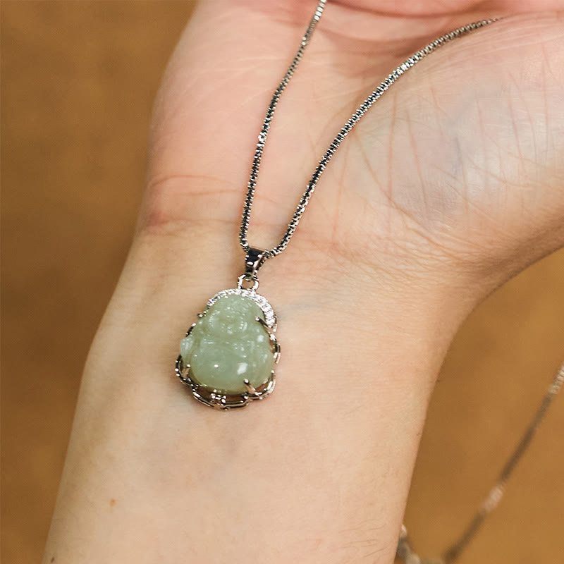 Wear FengShui Natural Hetian Jade Laughing Buddha Abundance Necklace Pendant
