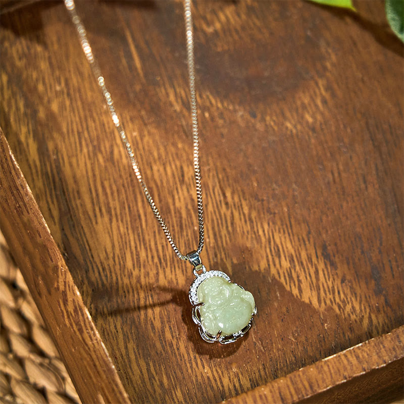 Wear FengShui Natural Hetian Jade Laughing Buddha Abundance Necklace Pendant
