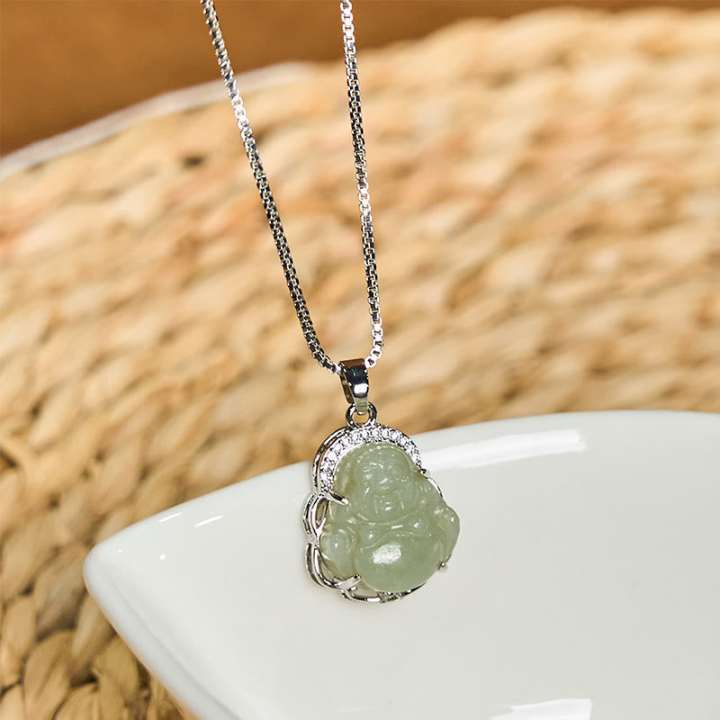 Wear FengShui Natural Hetian Jade Laughing Buddha Abundance Necklace Pendant