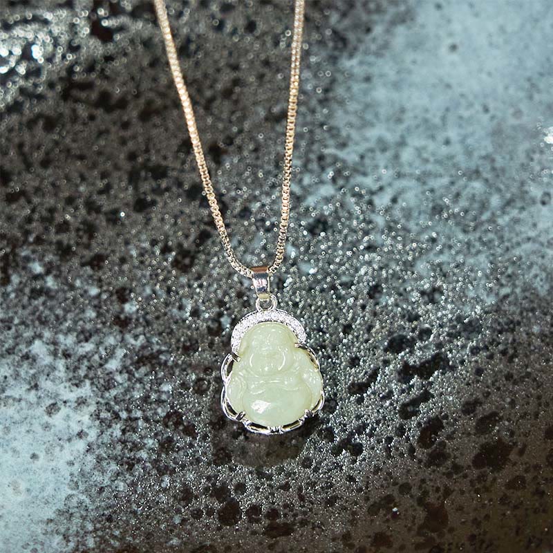 Wear FengShui Natural Hetian Jade Laughing Buddha Abundance Necklace Pendant